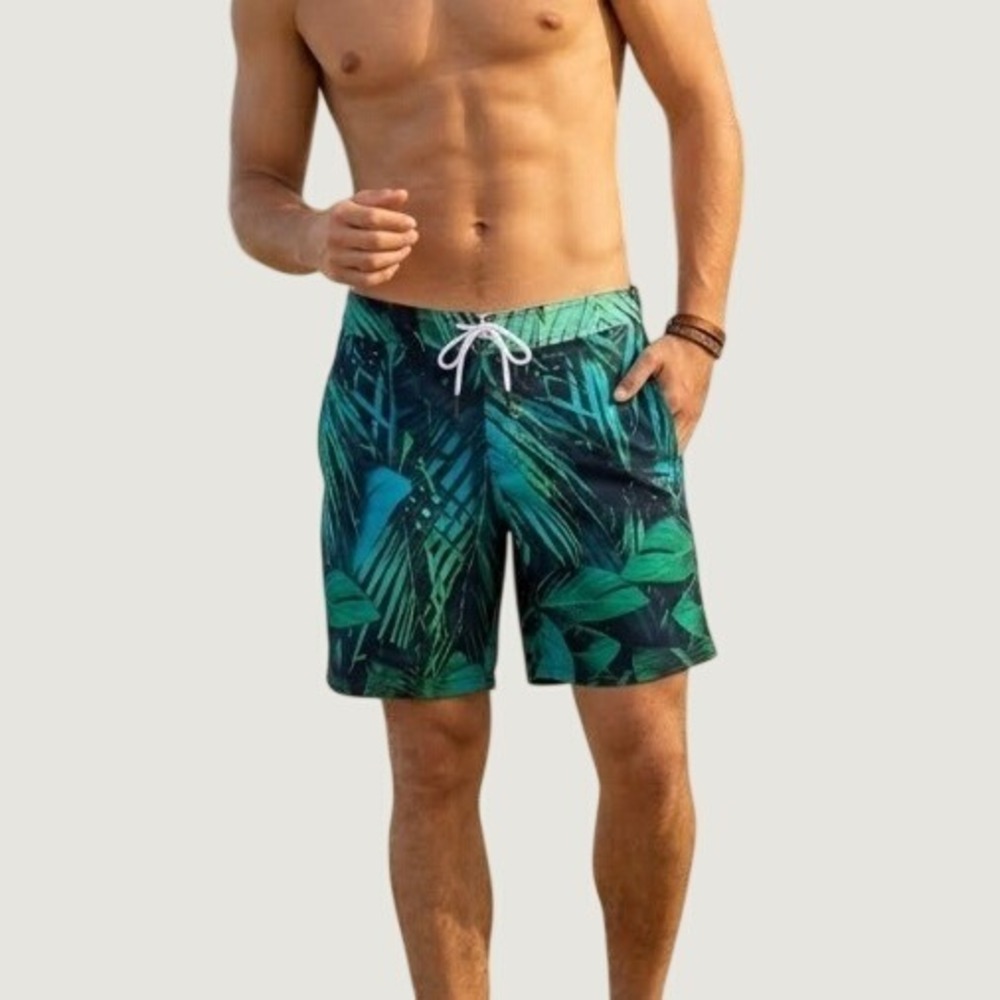 American Eagle Mens Small Tropical Palm Leaf Print Board Shorts Swim Trunks Blue